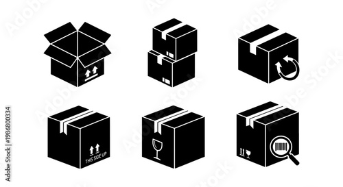 Black cardboard box icon set for shipping and logistics, 6 delivery package vector elements, warehouse storage and parcel handling symbols