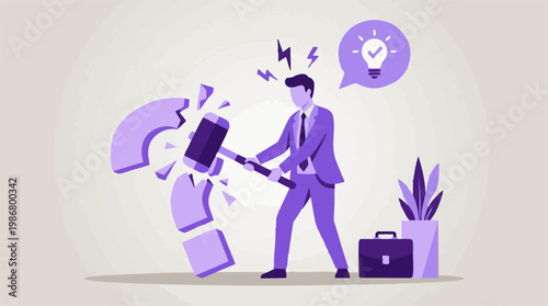 Businessman smashing a question mark with a hammer for problem-solving concept