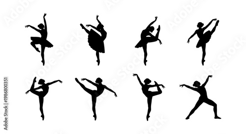 Graceful ballet dancer silhouettes set, 8 elegant ballerina poses vector, black female performers in motion, classical dance theater icons