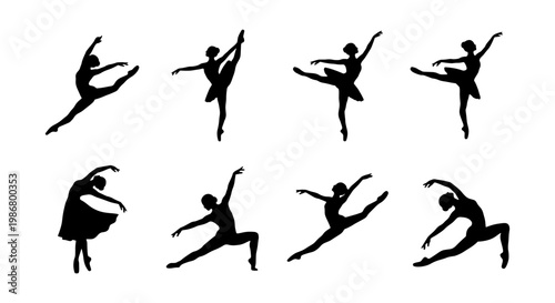 Graceful ballet dancer silhouettes, set of 8 ballerina vector icons. Elegant female performers in classical dance poses, black artistic figures on white