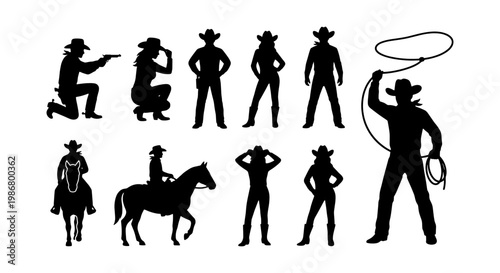 Wild West cowboy silhouettes set, 10 western character vector elements, black horse rider and gunslinger icons, rustic frontier outlaw graphics