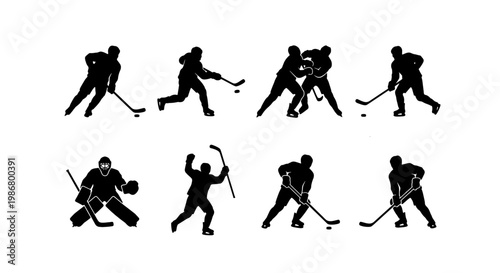 Ice hockey player silhouettes set, professional athlete action poses with sticks and pucks, goalie and skater vector collection for sports design