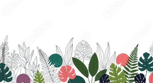 Horizontal border of various tropical leaves in color and line art including palm and monstera for summer party decorations.