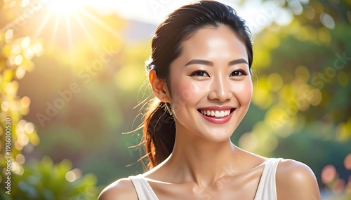 A smiling young woman with a low ponytail and a white tank top