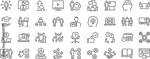 Training web icons. Education, seminar, online test, webinar, course, distance learning collection. Editable stroke. Vector