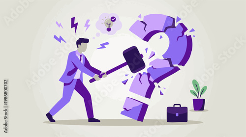 Businessman Breaking Question Mark to Solve Problem and Find Solution