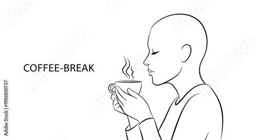 Minimalist outline of a person holding a steaming cup of coffee with text saying coffee-break on a clean white background.