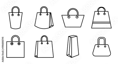 Minimalist shopping bag icons set, 8 black line vector elements, retail paper bag and fashion boutique tote collection for e-commerce and store branding