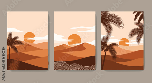 Set of three aesthetic desert landscape posters featuring sand dunes a glowing sun and palm tree silhouettes in warm earthy tones.