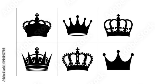 Royal crown silhouette collection, set of 6 black imperial headwear icons, vintage monarch heraldry symbols, elegant queen and king tiara vectors