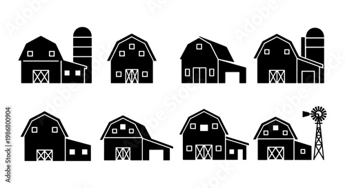 Rustic barn icons set, black farm building silhouettes, collection of 8 agricultural vector elements, rural countryside architecture graphics