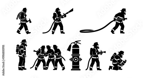 Firefighter silhouette vector set, professional firemen in action with hose and axe, emergency rescue service icons, black fire fighter figures