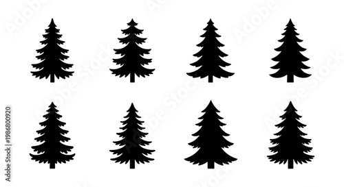 Black pine tree silhouettes, collection of 8 evergreen conifer icons, minimalist fir and spruce forest elements, winter nature vector set