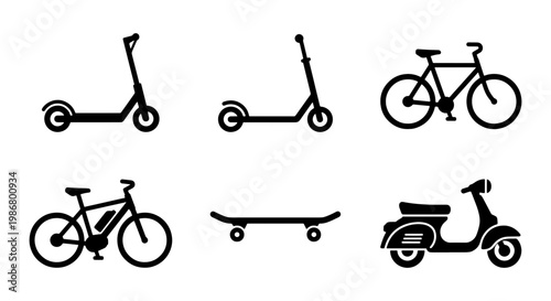 Modern micro mobility icons set, black silhouette electric scooters and bicycles, urban transport vector elements for city commuting and delivery