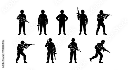 Military soldier silhouettes set, 9 army infantry vector elements with rifles, tactical combat troops in various poses for war and defense concepts