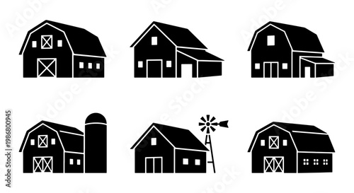Rustic barn icons set, black farm building silhouettes, collection of 6 agricultural shed vectors with windmill and silo for rural landscape design