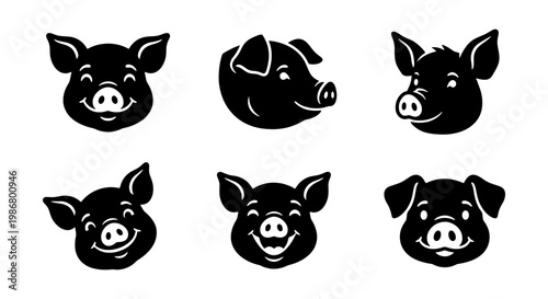 Pig head silhouette icons, set of 6 black vector piglet faces, cute farm animal character illustrations for butcher shop and organic pork branding