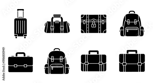 Travel luggage and bag icons set, 8 black silhouette vector elements, suitcase and backpack collection for tourism and business trips