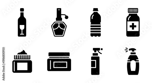 Minimalist bottle icons set, black solid packaging symbols for cosmetics and medicine, 8 vector elements for product design and retail signage