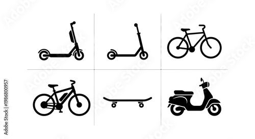 Modern micro mobility icons set, black silhouette electric scooter and bicycle vector illustrations, urban transport and skateboard symbols