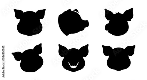 Pig head silhouette collection, set of 6 black swine face icons, farm animal profile vector graphics for butchery and agriculture branding