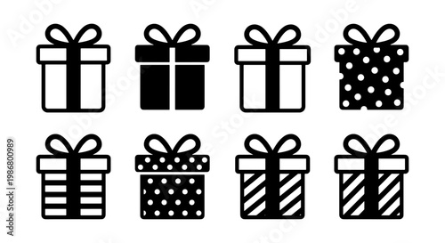 Minimalist gift box icon set, 8 black and white present vector elements, simple holiday surprise symbols for web design and greeting cards