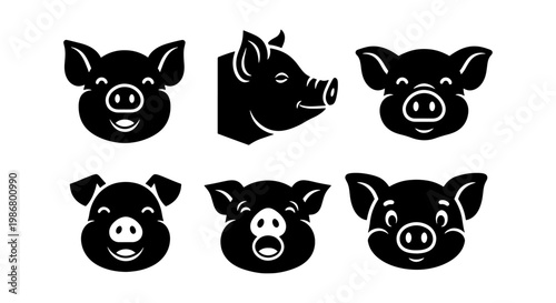 Minimalist pig head vector icons, set of 6 black silhouette pig faces, cute farm animal character illustrations for butcher shop or farm branding