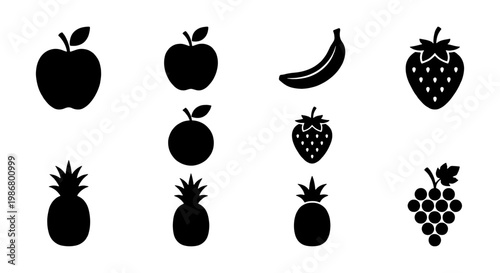 Minimalist fruit icon set with 11 black silhouettes, flat vector fruit collection including apple, banana, strawberry, pineapple, and grapes