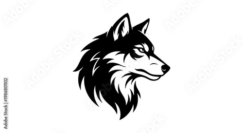 Wolf head mascot vector illustration, black and white timber wolf profile, predatory animal logo design, wild husky or malamute canine head icon