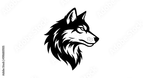 Wolf head vector illustration, black and white timber wolf profile mascot, wild animal predator logo icon for sports branding and outdoors apparel