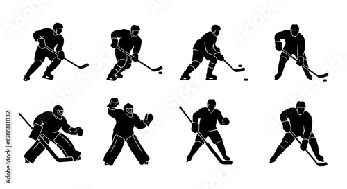 Ice hockey player silhouettes set, professional athlete action poses with sticks and pucks, goalie and skater vector icons for sports design