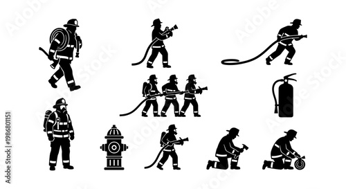 Firefighter silhouette vector set, 10 professional fire department icons, black fireman silhouettes with hose and equipment for emergency service design
