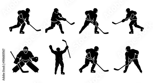 Ice hockey player silhouettes set, professional athletes in action poses, 8 black vector icons of hockey skaters and goalie, sports competition graphics