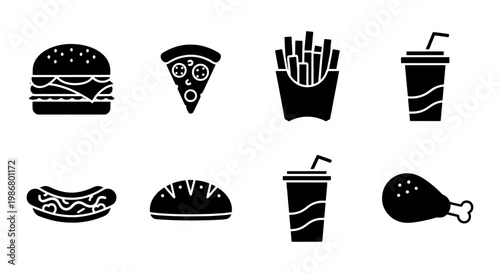 Fast food icon set with 8 black silhouettes, burger and pizza slice vector elements, french fries and soda cup symbols for restaurant menus