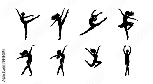 Graceful ballet dancer silhouettes, set of 8 ballerina vector icons. Elegant female dancers in jumping and leaping poses, black artistic dance figures