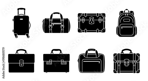 Black luggage icons set, travel bags and suitcases collection, 8 vector silhouettes of backpacks and briefcases for tourism and business trips