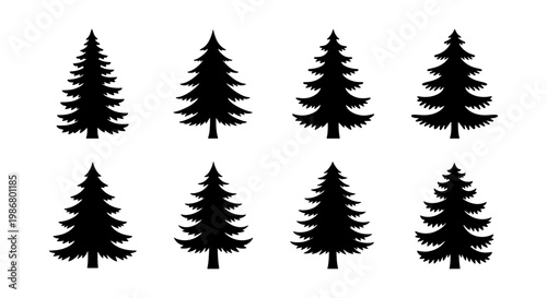 Black pine tree silhouettes, collection of 8 evergreen conifer icons. Minimalist spruce and fir tree vector set. Forest nature elements for winter landscape design.