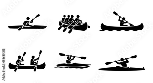 Kayaking and canoeing silhouette icons, set of 6 rowing and paddling vector elements, black stick figure people in boats for outdoor sports