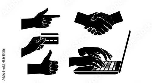 Business hand gestures silhouette set, professional handshake and typing on laptop icons, credit card payment and thumbs up vector collection