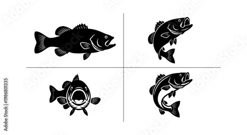 Bass fish silhouette vector icons, largemouth bass fishing collection with 4 elements, black and white jumping fish graphics for angling logos