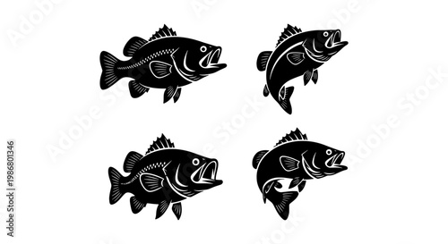Largemouth bass fishing silhouettes, set of 4 black fish vector icons, jumping and swimming bass illustrations for angling tournaments and outdoor sports