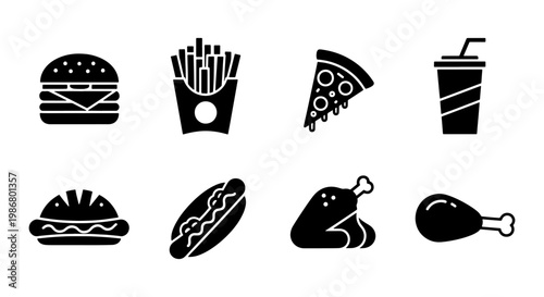 Fast food icon set with 8 black solid vectors, junk food meal symbols including burger and pizza, takeaway restaurant menu elements