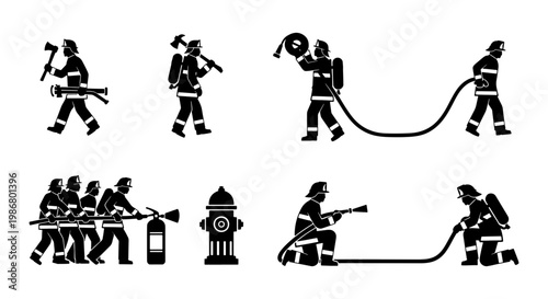 Firefighter silhouette icons set, professional firemen with equipment and hose, emergency rescue service vector illustrations for safety signage