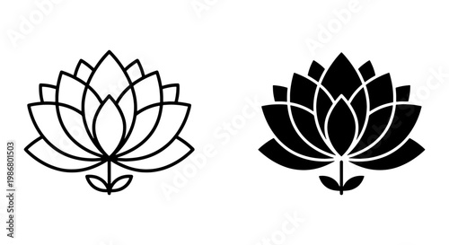 Minimalist lotus flower vector icons, black line art and solid silhouette water lily symbols, zen yoga and wellness floral graphics