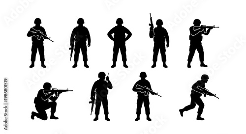 Military soldier silhouettes set, armed infantry troops with rifles and tactical gear, 9 black vector figures of army personnel for war and defense concepts