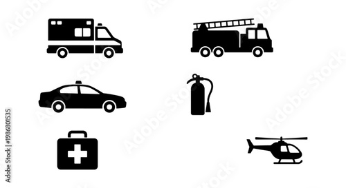 Emergency services icon set, black silhouette first aid and rescue vehicle collection, 6 vector elements for public safety and medical response
