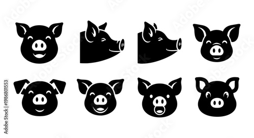 Minimalist pig head icons set, black silhouette swine face illustrations, 8 vector farm animal symbols for butchery and organic food branding