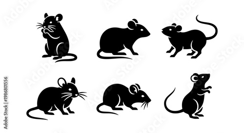 Black rat silhouette icons set, 6 minimalist mouse vector elements, rodent animal shapes in various poses, simple pest control and wildlife graphics