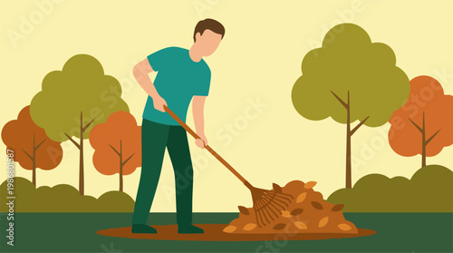Man Raking Autumn Leaves in Yard, Seasonal Outdoor Garden Work Illustration