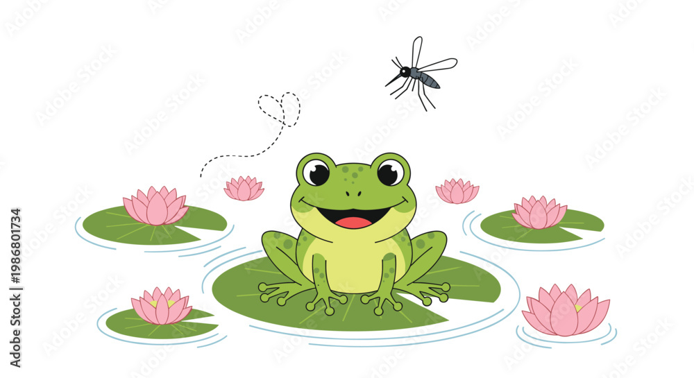 Fototapeta premium Cute green frog sits happily on a lily pad in a pond surrounded by pink lotus flowers while a mosquito flies nearby in the air.
